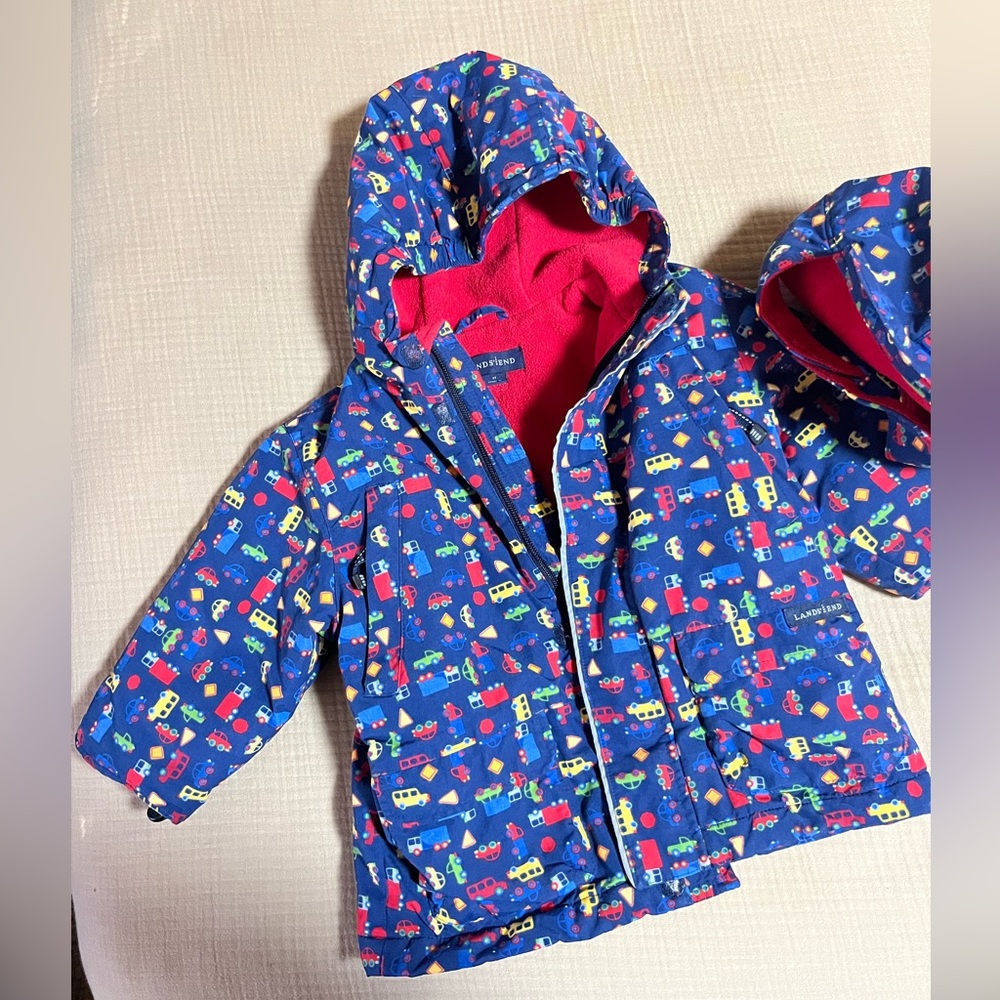 Lands' End Red Fleece Jacket with vehicle pattern. Matching hat.